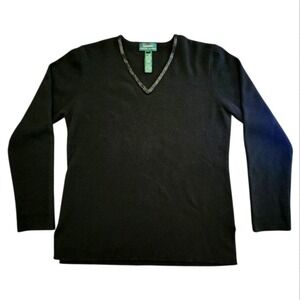 Lauren Ralph Lauren Wool‎ Blend V-Neck Sweater Embellished Trim Black Large